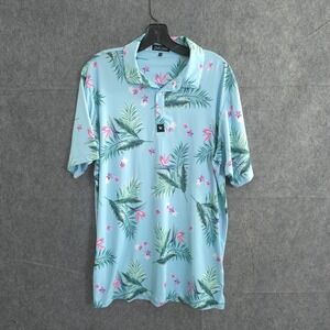Bad Birdie Polo Shirt Men Large Floral Hawaiian Short Sleeve Golf Stretch Blue